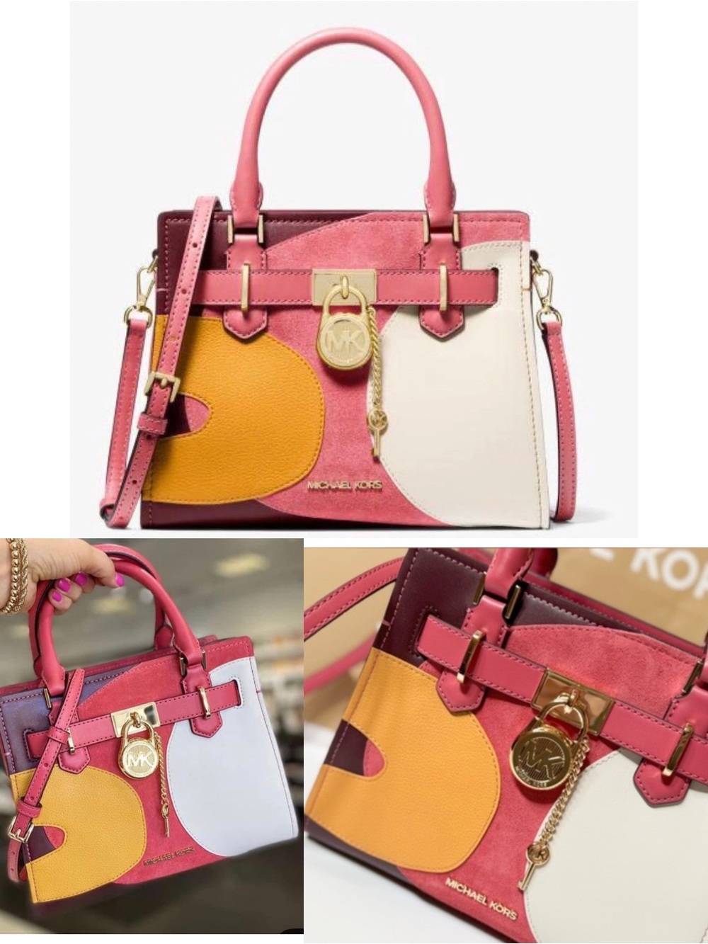 Michael Kors Hamilton Small Patchwork Satchel Gold Charm Light Berry Leather